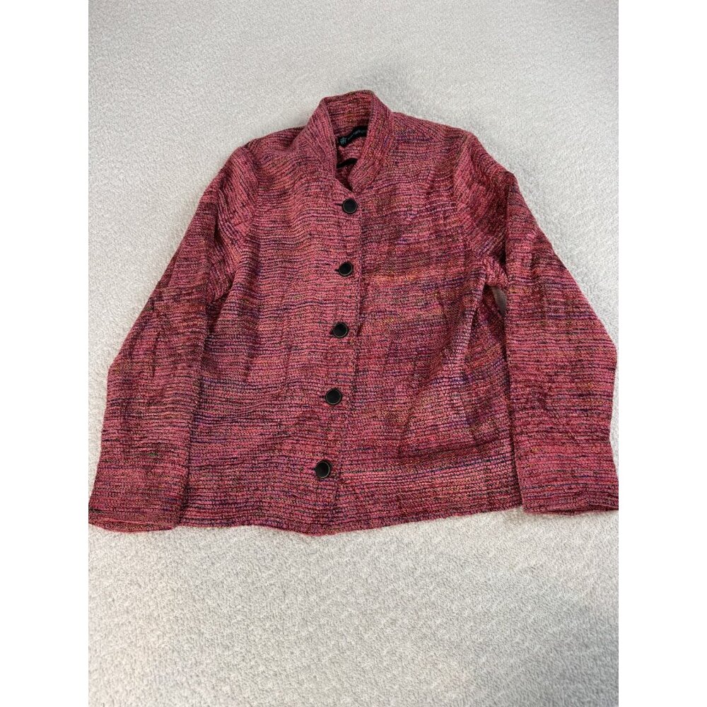 Lynn Yarrington Womens Button Up‎ Woven Knit Blazer Cardigan Sweater Pink Red S